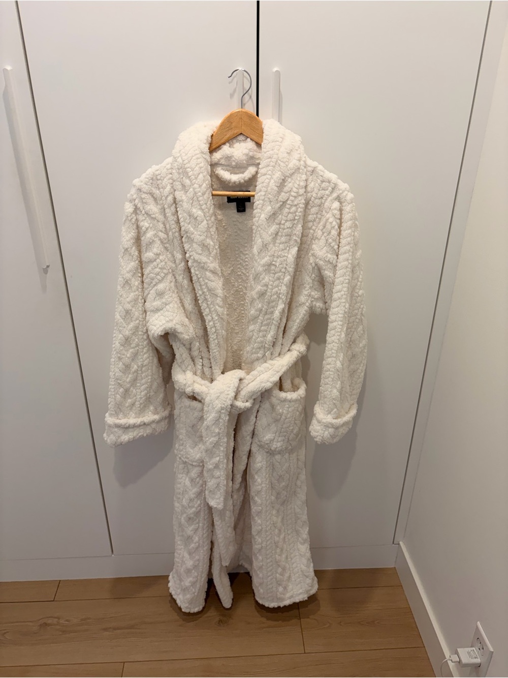 Women’s Cream Hooded Plush Robe with Belt and Pockets